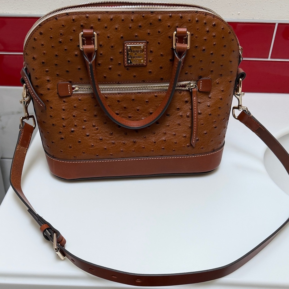Dooney & Bourke caramel Ostrich-Embossed Leather Dome Satchel
